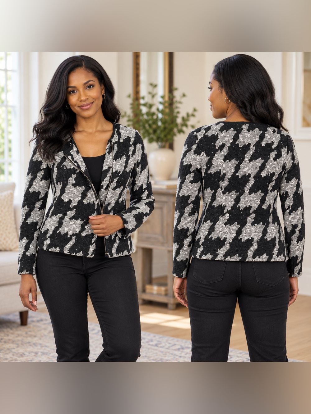 MYNE Ashley Ann Black White Houndstooth Tweed Moto Jacket Size S